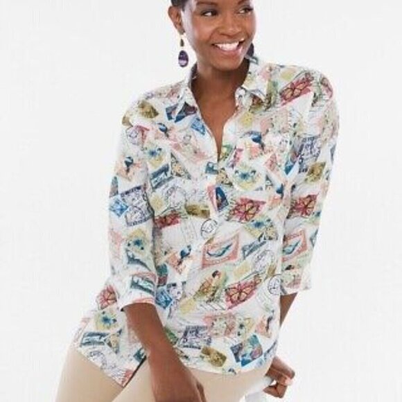 Chico's  Linen Stamp Travel Printed 3/4 Sleeve Blouse Size 1(M) - Picture 1 of 9
